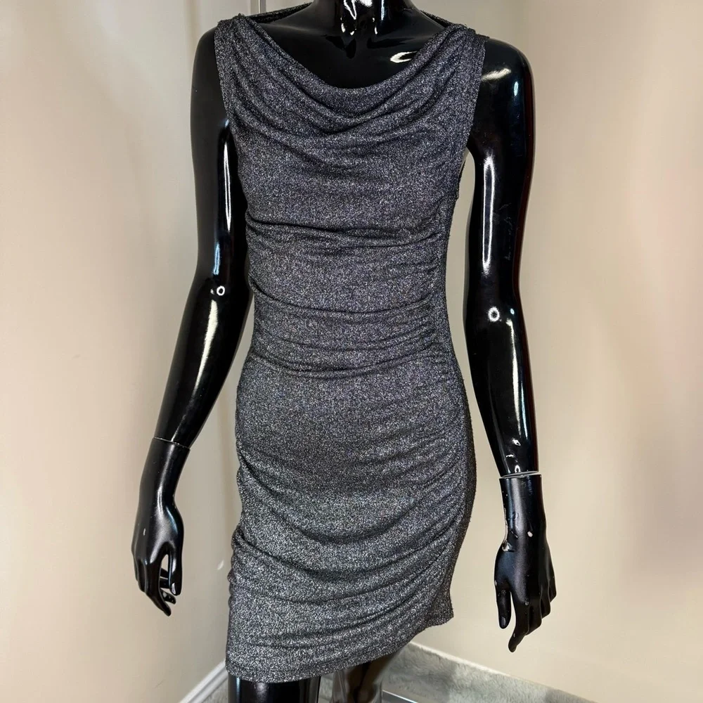 Lolia USA Sparkly Silver Ruched Mini Dress – Size Medium | Holiday / New Years - Picture 1 of 5